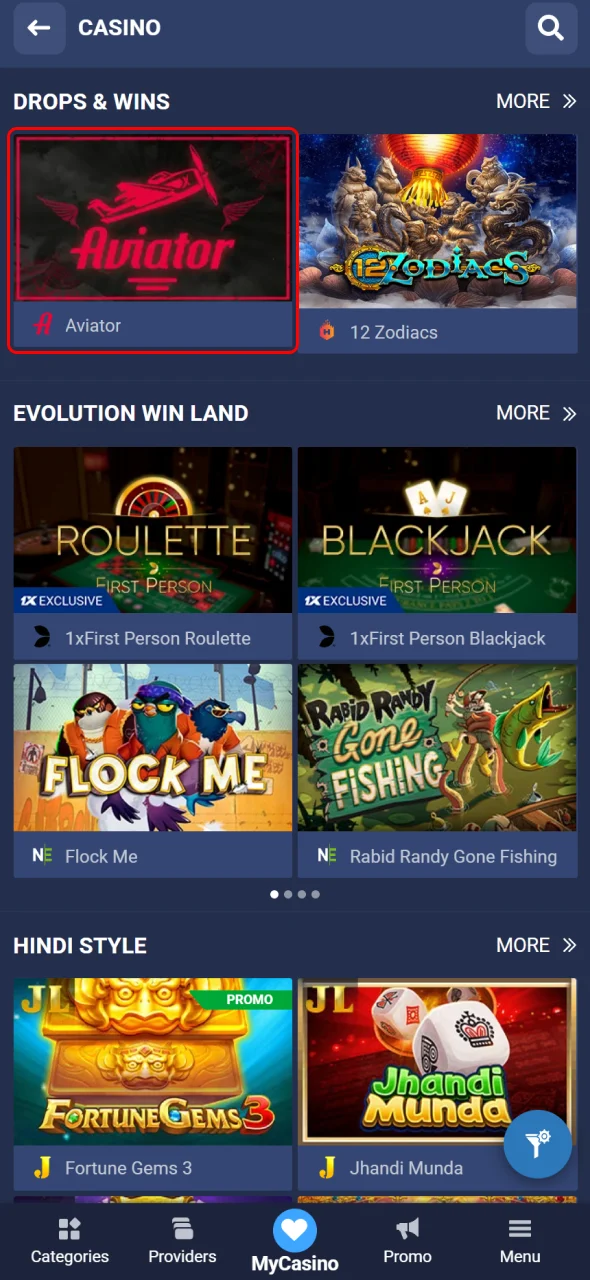 Open the gaming lobby to quickly search for and find Aviator at 1xBet.